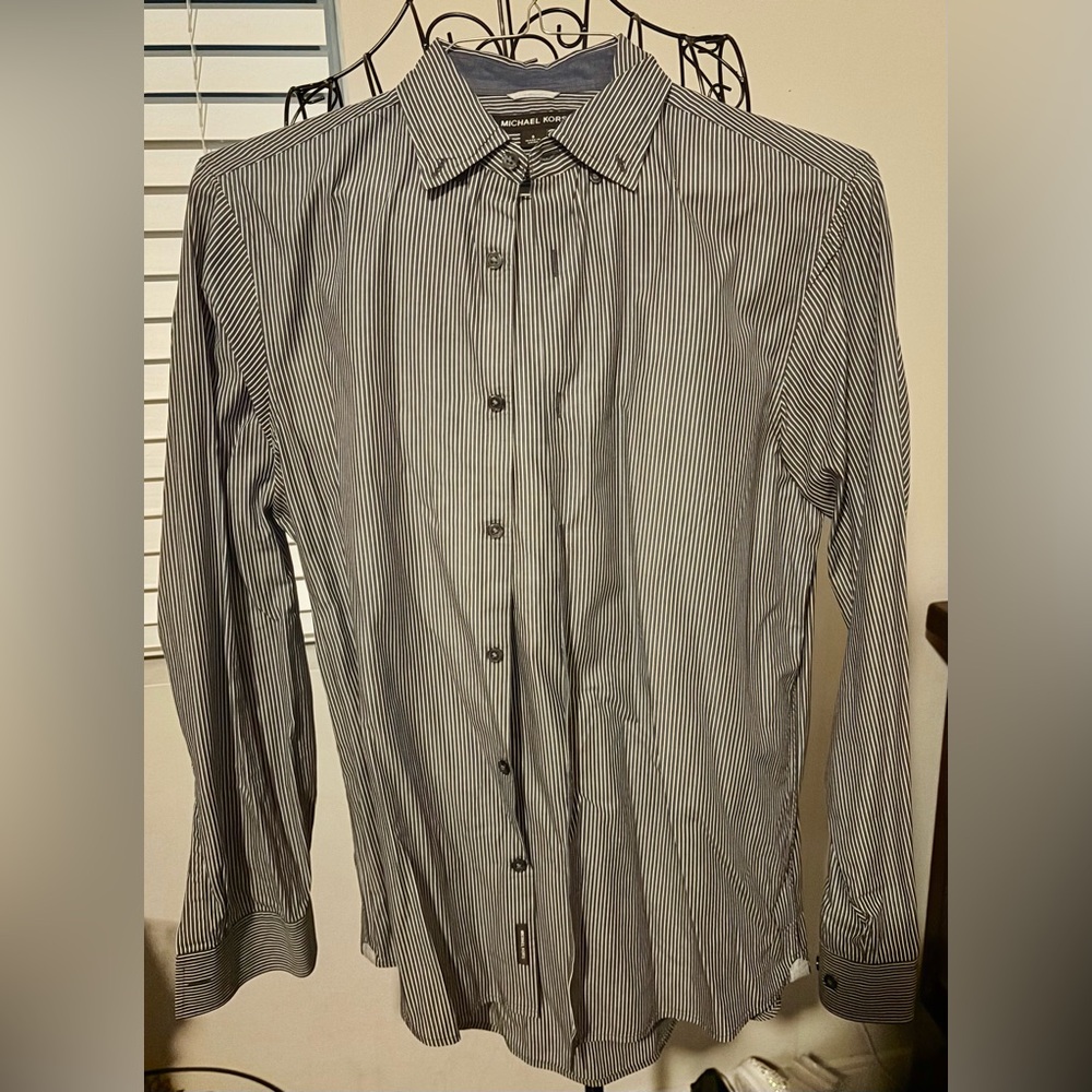 Michael Kors Men's Black and White Pinstripe Dress Shirt